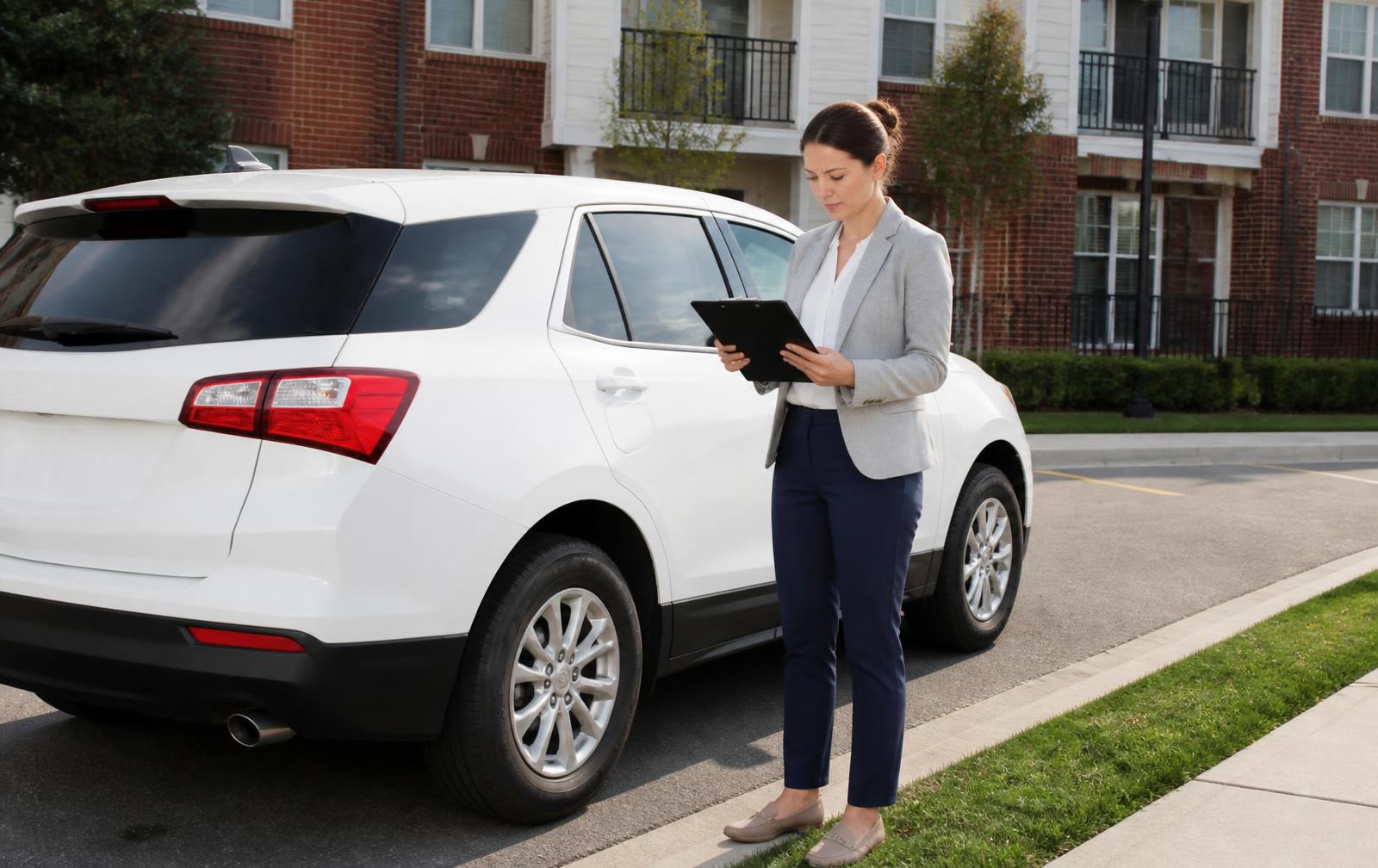 A property professional reviewing a tablet beside a vehicle