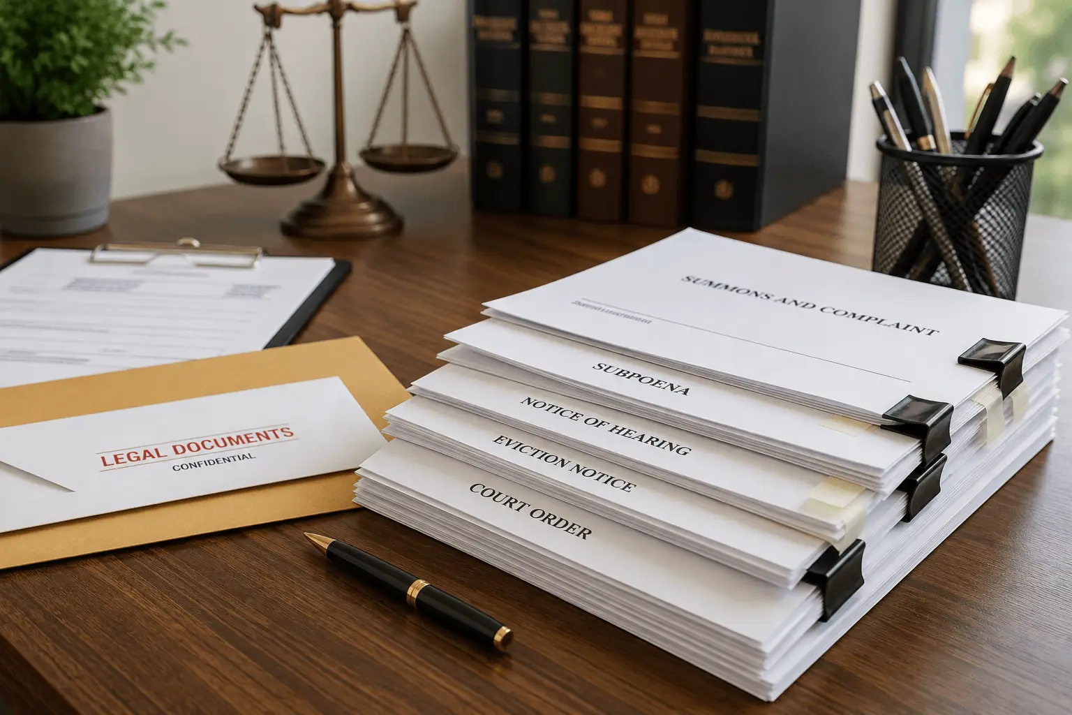 A stack of legal documents including subpoenas and court orders on a desk