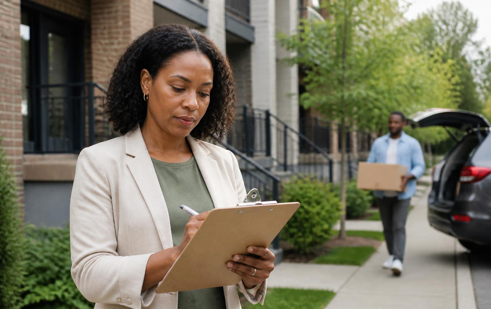 Professional reviewing paperwork at a residential property
