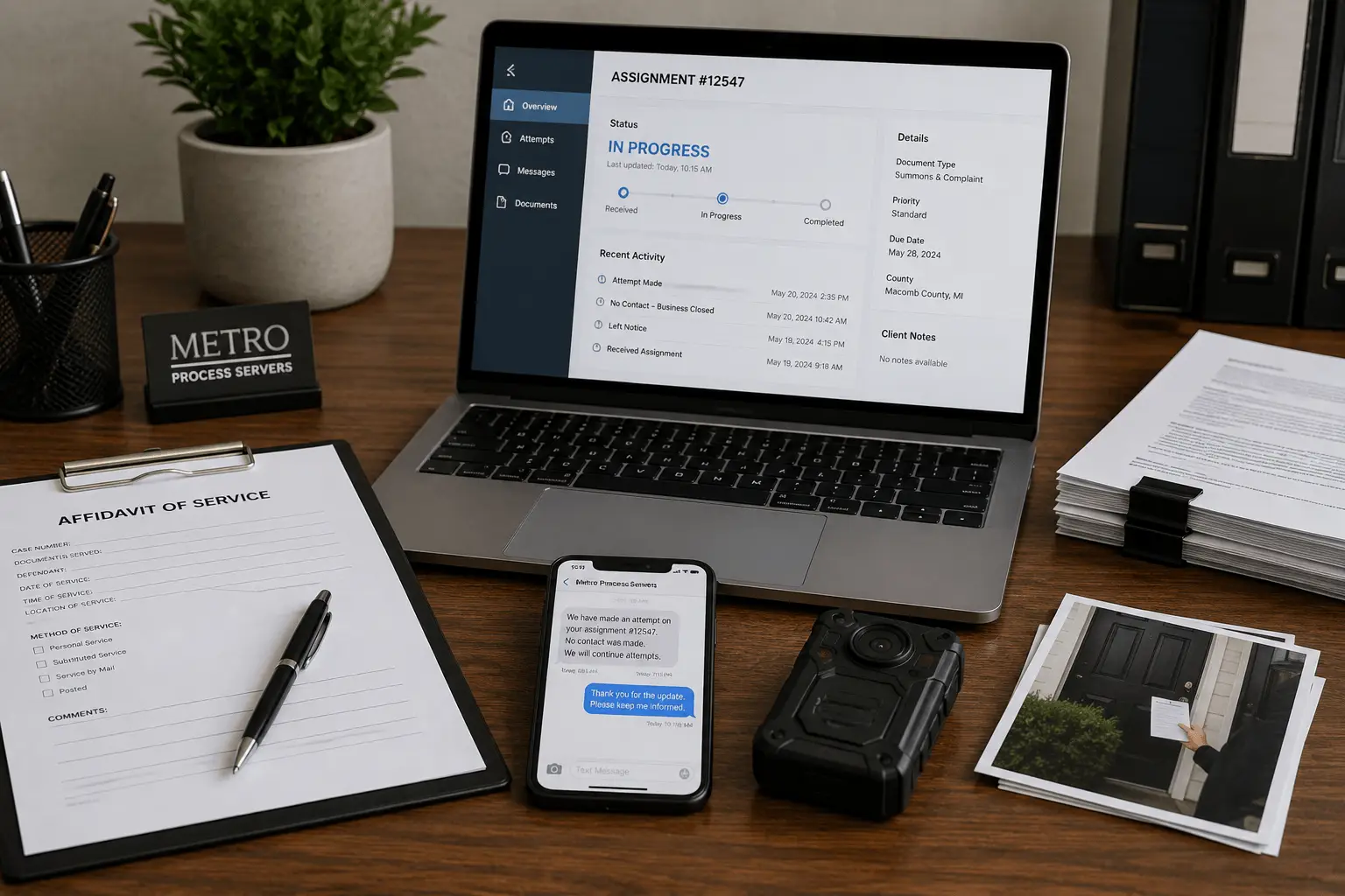 A laptop showing an assignment status dashboard beside a clipboard and phone
