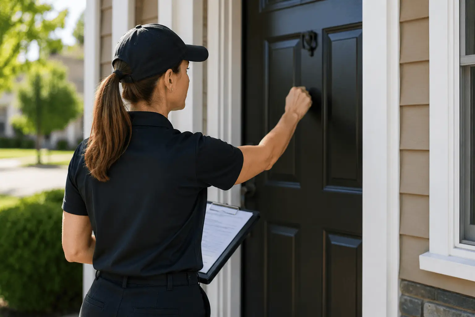 A process server knocking on a residential front door