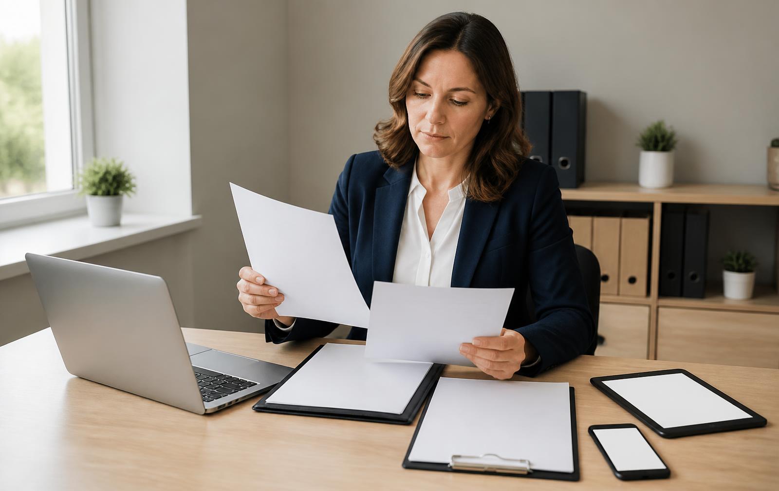 A property professional reviewing eviction-related paperwork at a desk
