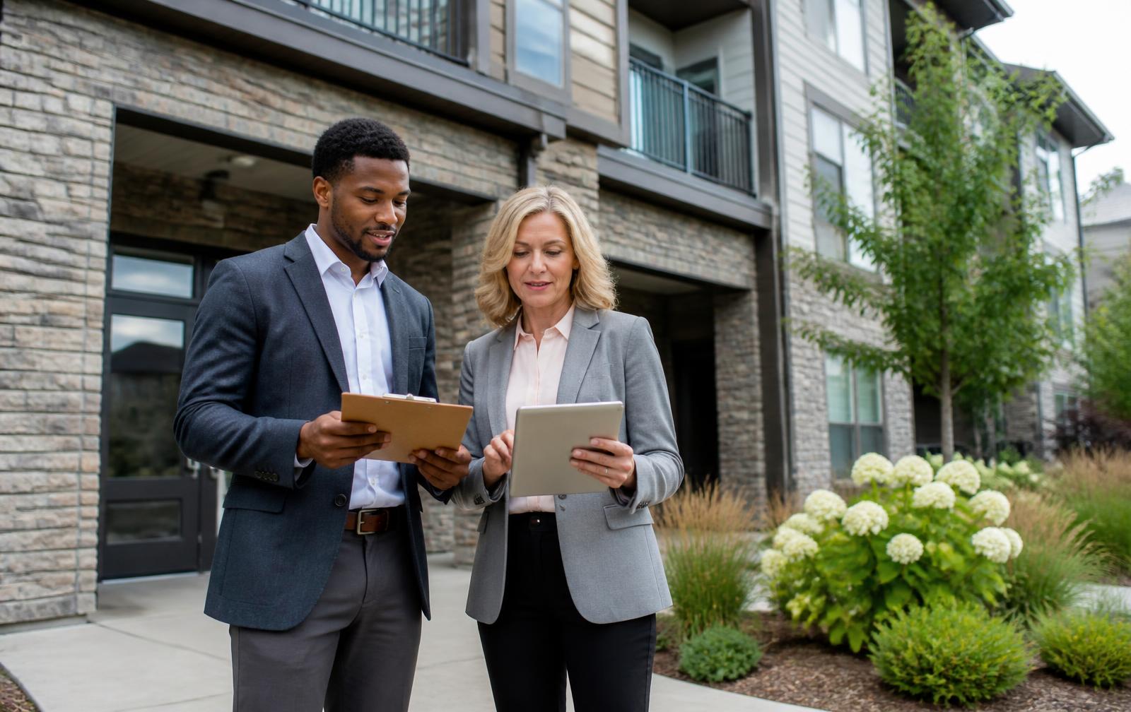 Two property professionals reviewing documents outside an apartment building