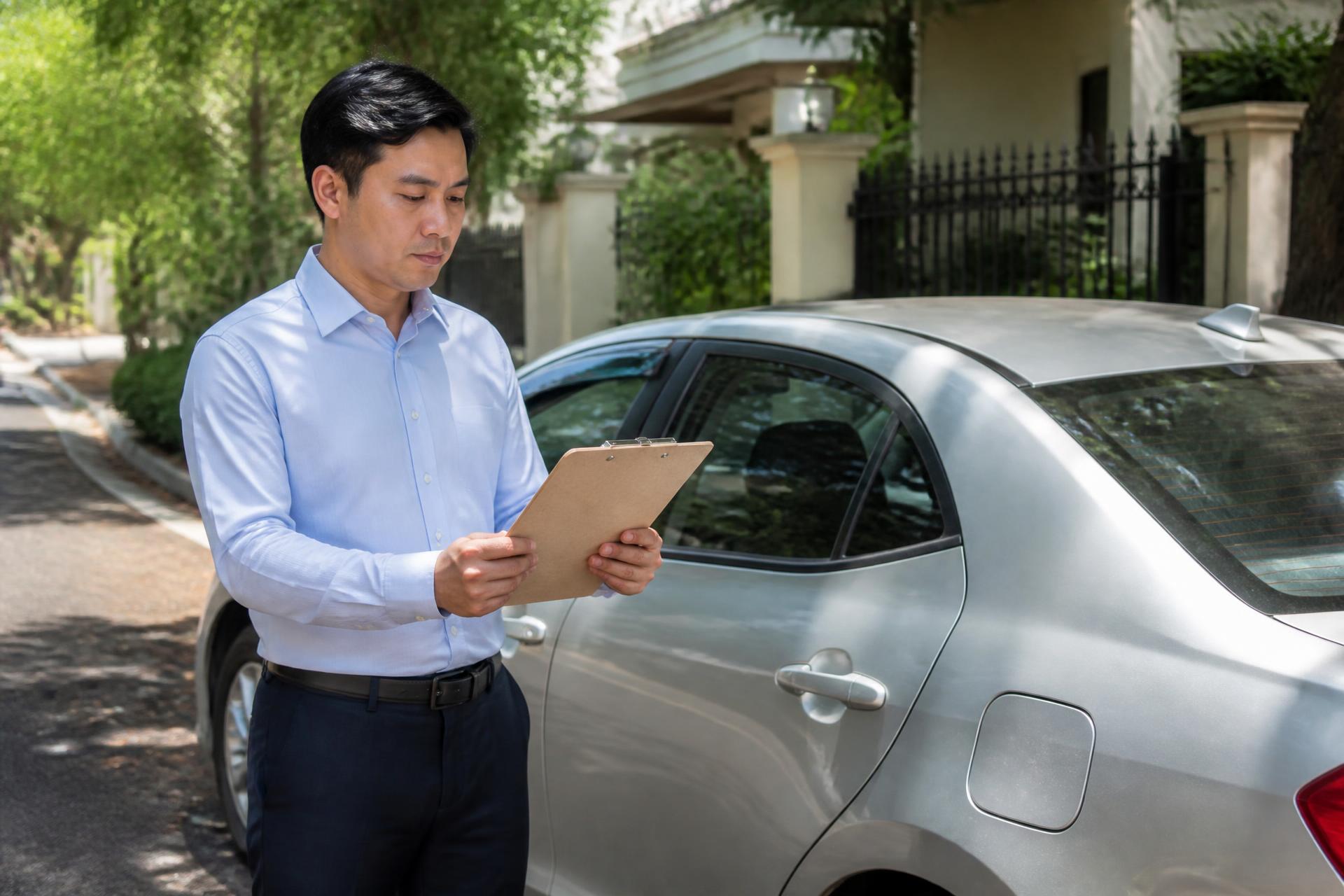 Process server reviewing a clipboard outside a home