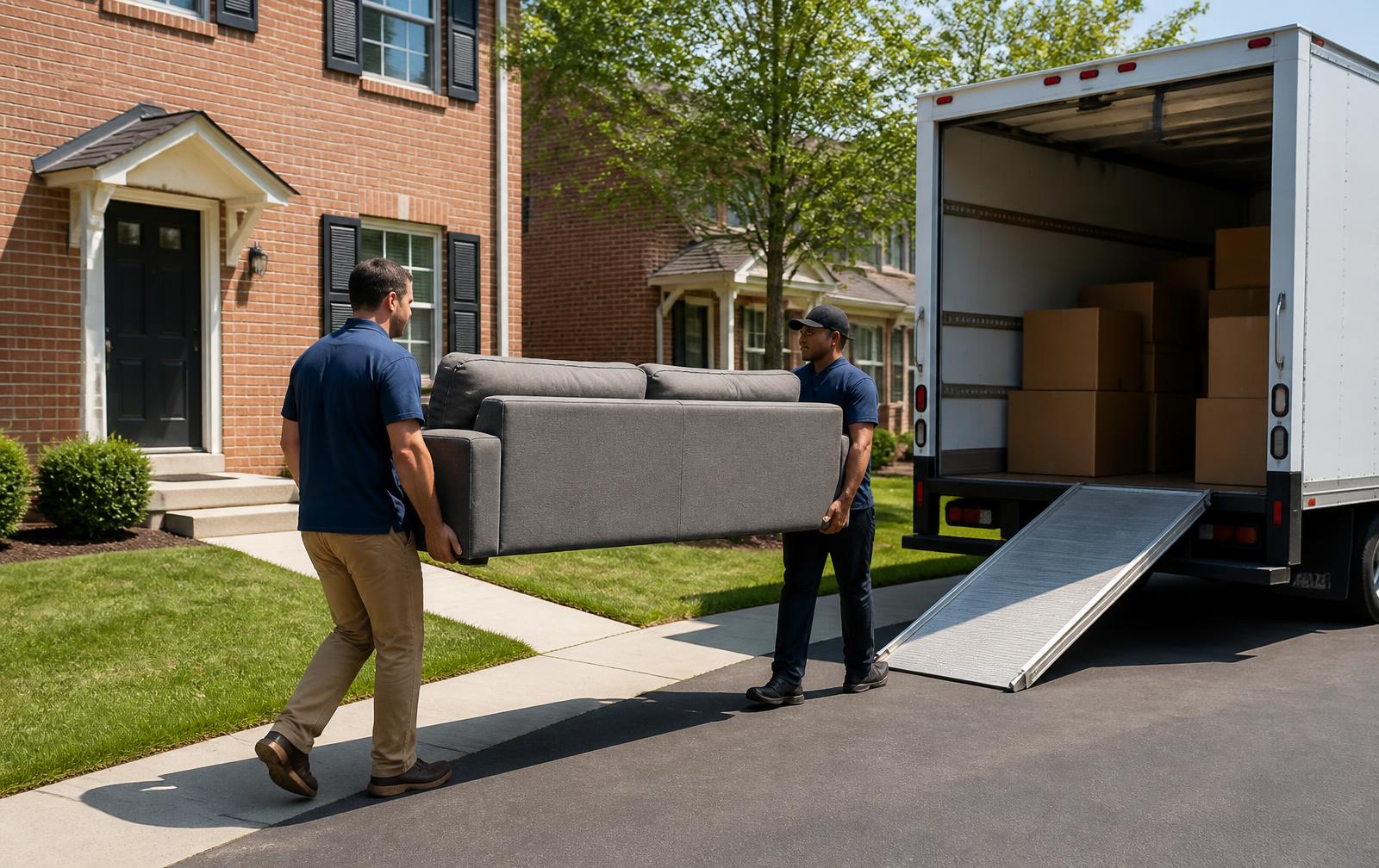 A property cleanout team moving furniture into a truck