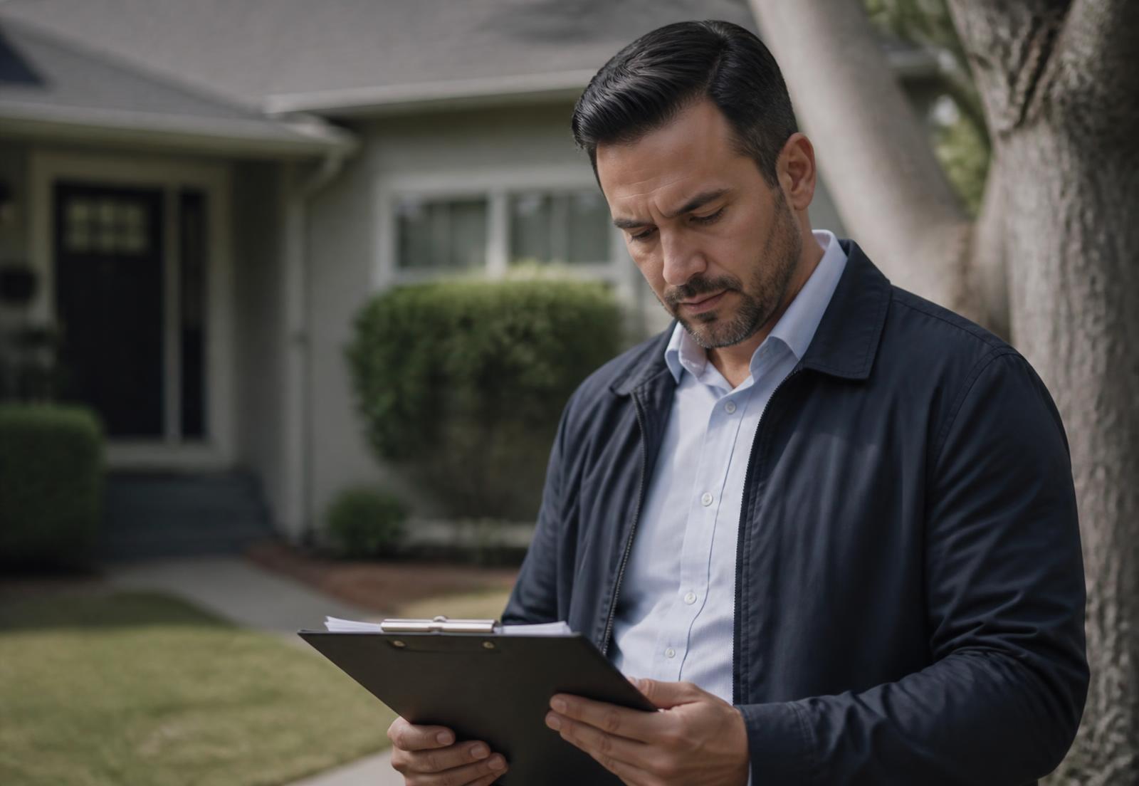 A process server reviewing assignment details on a tablet outside a residential property