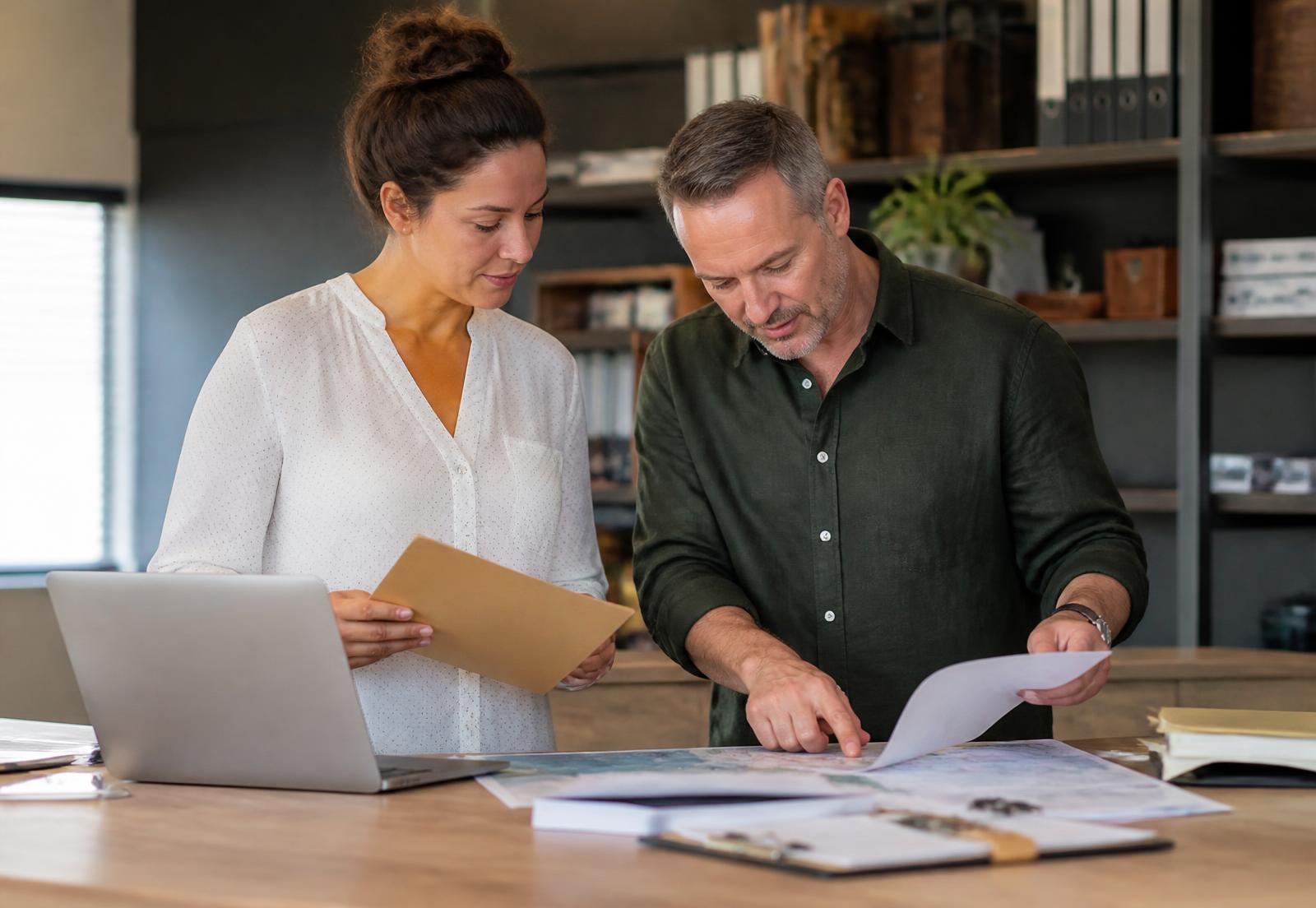 Two Metro Process Servers team members reviewing assignment paperwork in an office