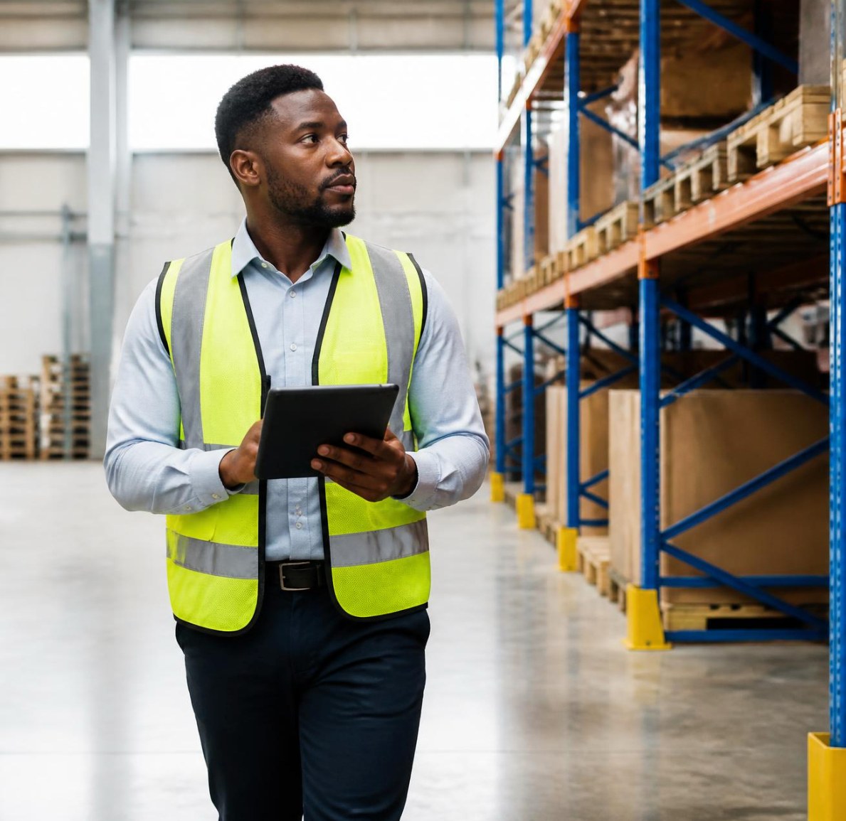 A professional documenting assets in a warehouse