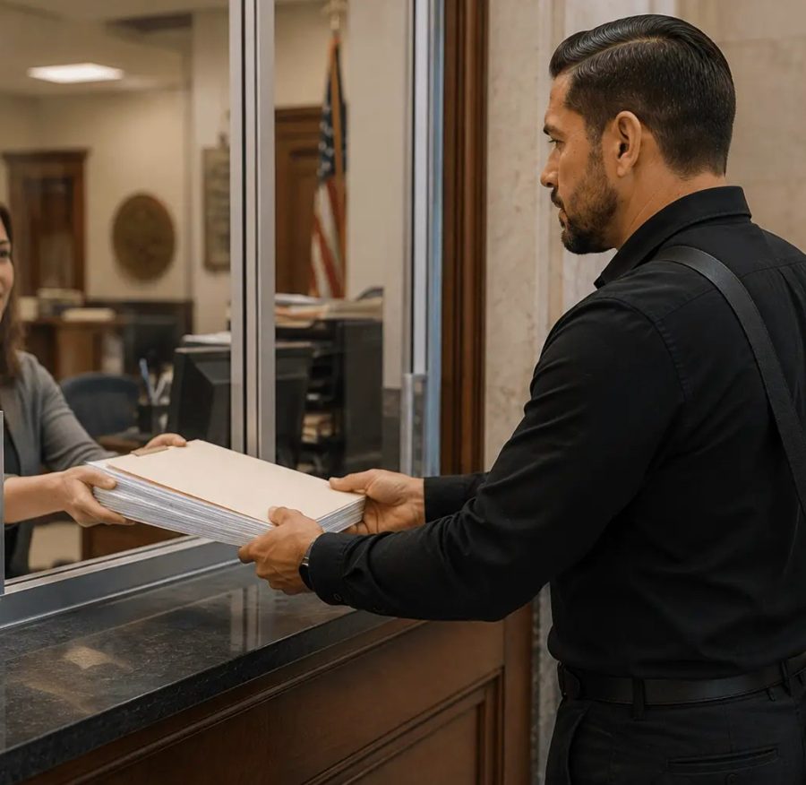 Professional handing documents across a court clerk counter
