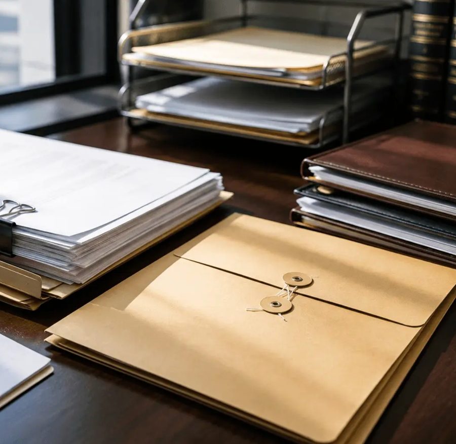 Organized document folders and envelopes on a desk