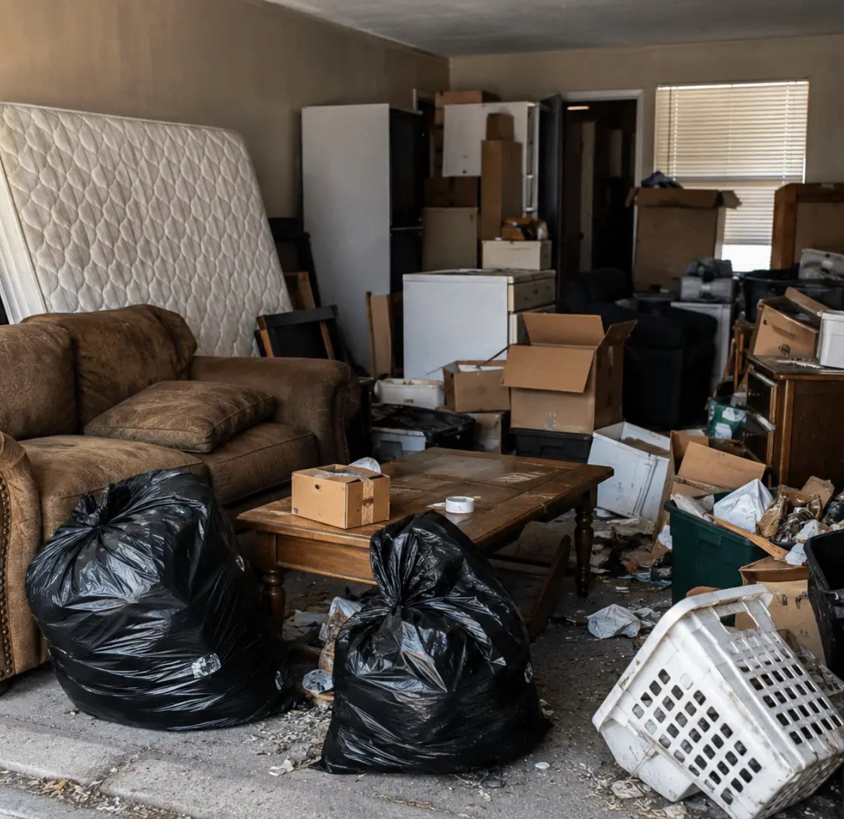 Furniture, belongings, and debris ready for removal