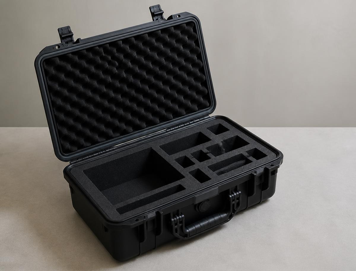 An open padded protective transport case with fitted foam inserts on a table