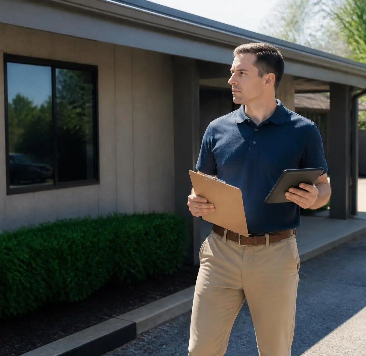 A field professional outside a commercial property