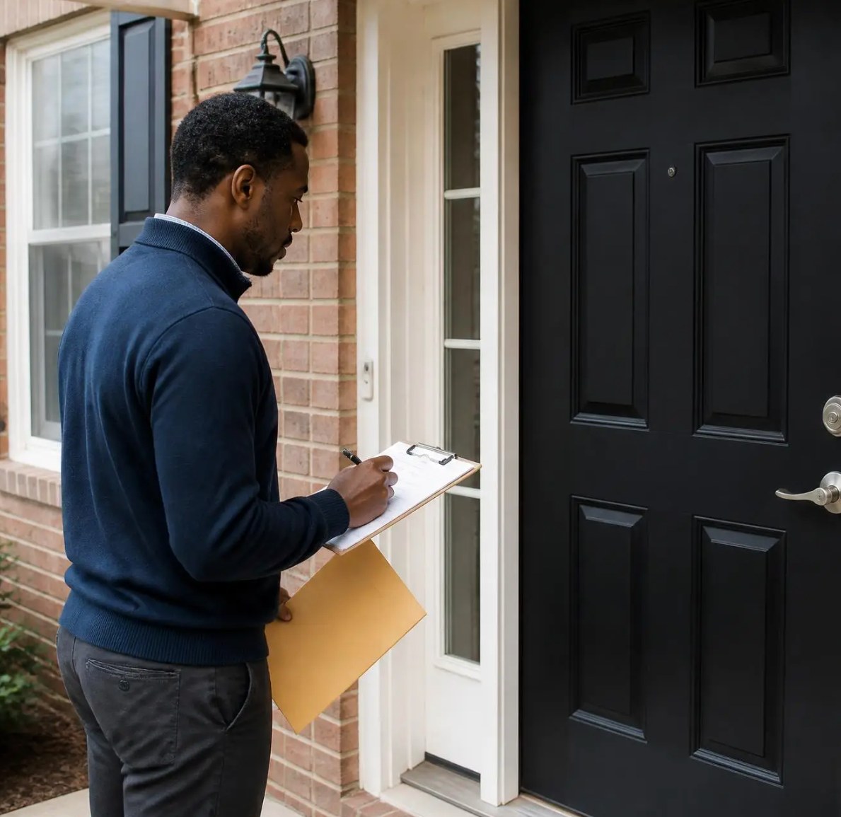 A process server documenting service at a rental property