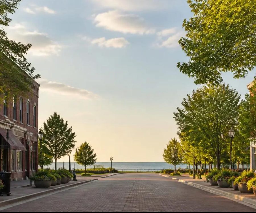 Tree-lined downtown street leading to the lakefront in Macomb County