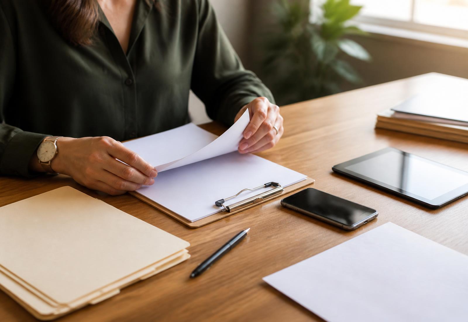 Organized paperwork and a pen on a desk