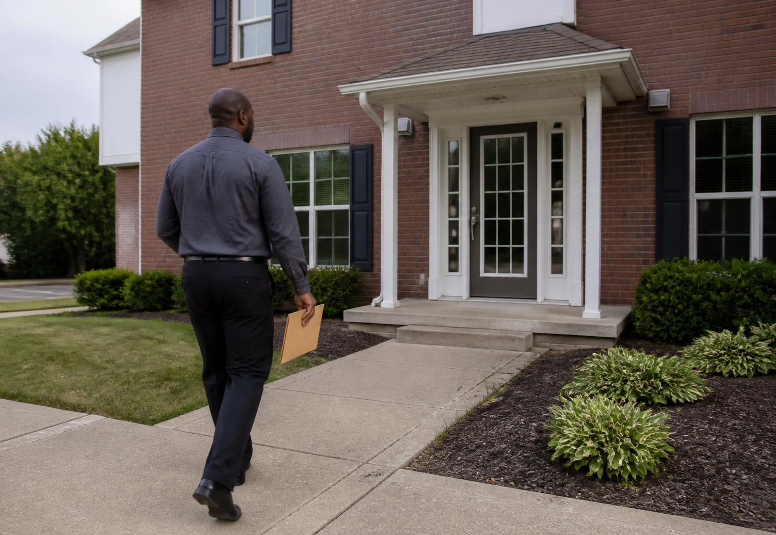 Process server walking up to a Macomb County home with documents
