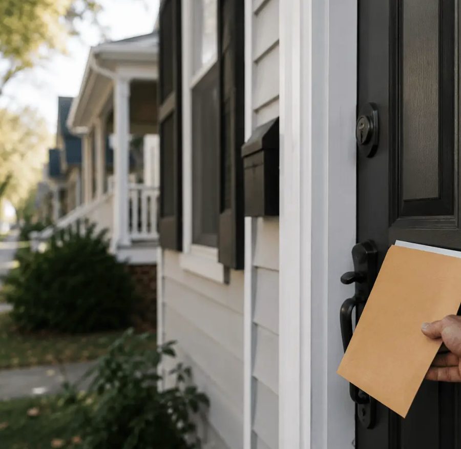 Envelope being delivered at a residential door