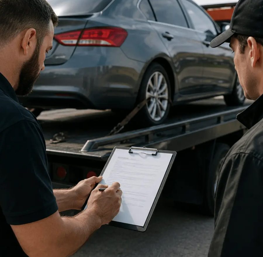 Team member completing paperwork beside a vehicle on a tow truck