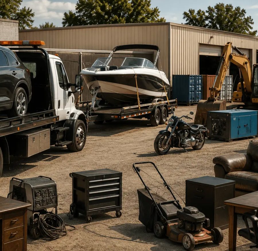 Vehicles, a boat, and equipment staged in a lot